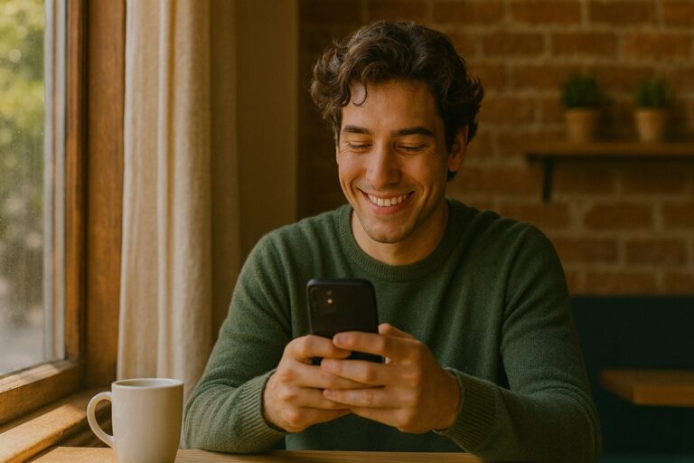 A confident young man smiling at her phone in a cozy café, sunlight filtering through the window, as she crafts a clever opening line for her dating app match.