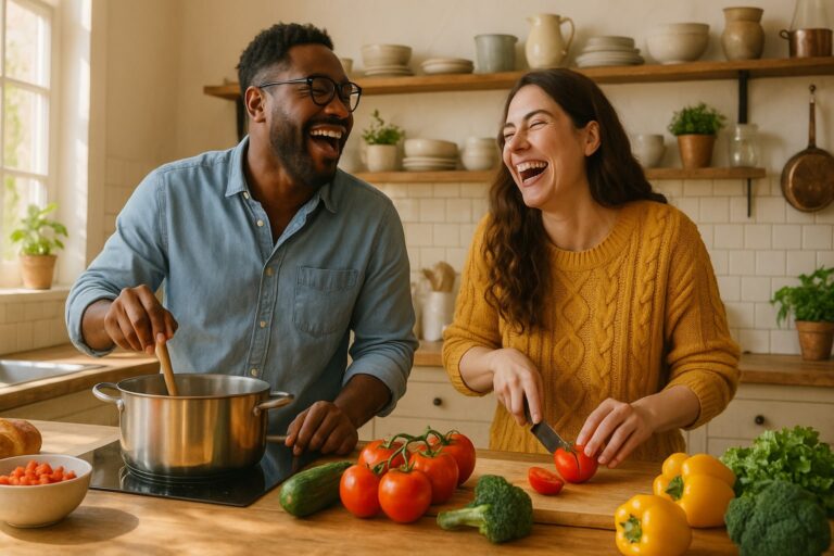 A diverse couple laughing together while cooking in a cozy kitchen, surrounded by fresh ingredients and natural sunlight