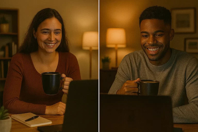 Couple in a happy long-distance relationship connecting through a video call