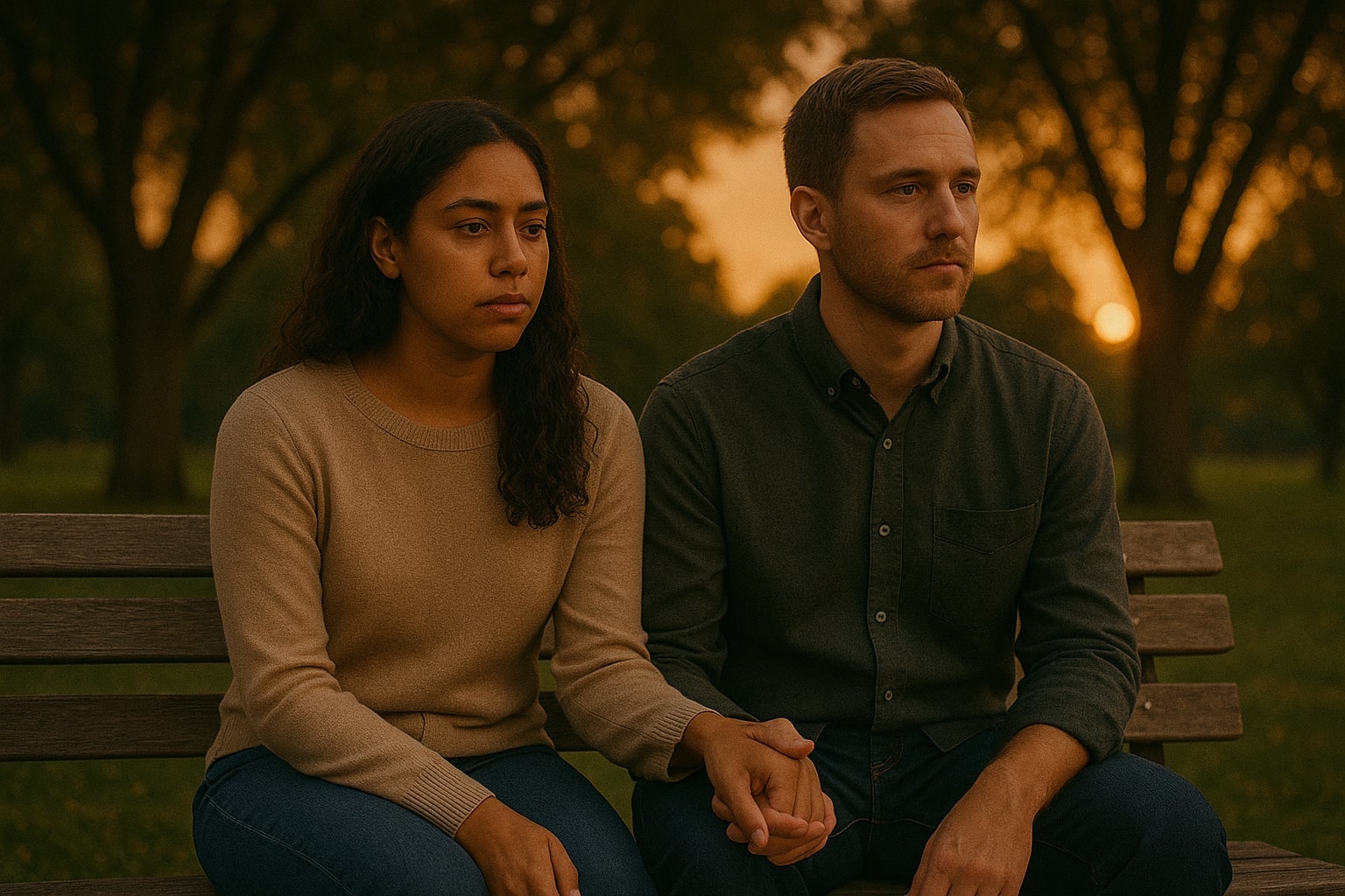 A couple sitting together on a park bench at dusk, holding hands but looking contemplative, with golden sunlight filtering through trees—capturing both distance and hope.
