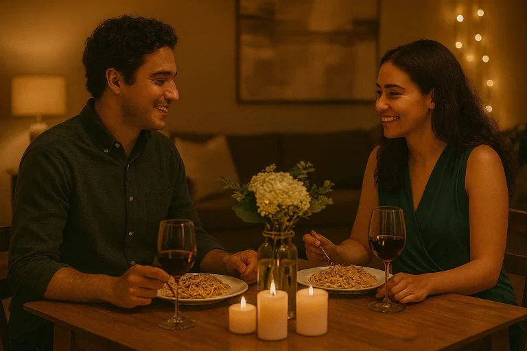 Candlelight dinner setup for a romantic date at home